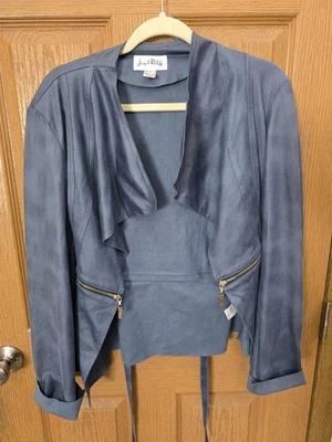 Joseph Ribkoff Jacket Womens 12 Blue Waterfall Open Front Gold Zip Model 153496 - Image 1 of 4