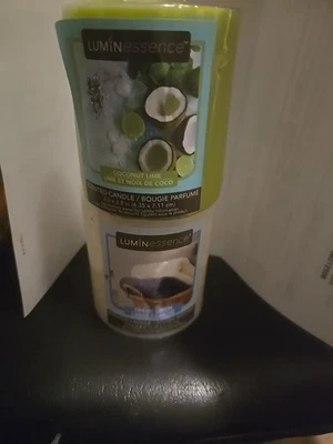 2 Luminessence Fresh Linen, Coconut Lime Pillar Candles 2.5"x2.8" 7oz Each NIP  - Image 1 of 4