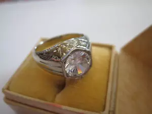 VTG 14K White Gold Etched 2 ct Bezel Set Solitare Engagement Wedding Mens Ring - Picture 1 of 14