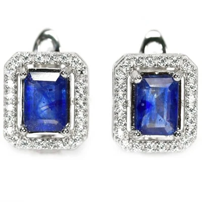 925 STERLING SILVER DROP EARRING GENUINE BUE SAPPHIRE & WHITE CZ GEMSTONE - Image 1 of 4