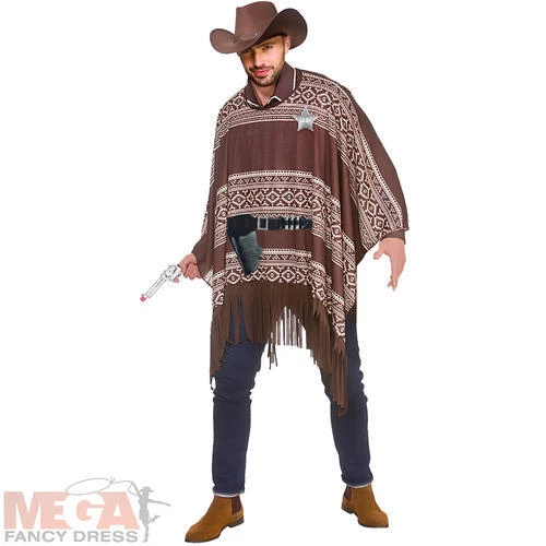 WICKED Western Cowboy Poncho + Hat + Accessories Adults Texas Fancy Dress Mens Costume