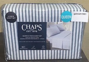 CHAPS by Ralph Lauren 6pc QUEEN Sheet Set w/4 Pillowcases White Navy Blue Stripe - Picture 1 of 4
