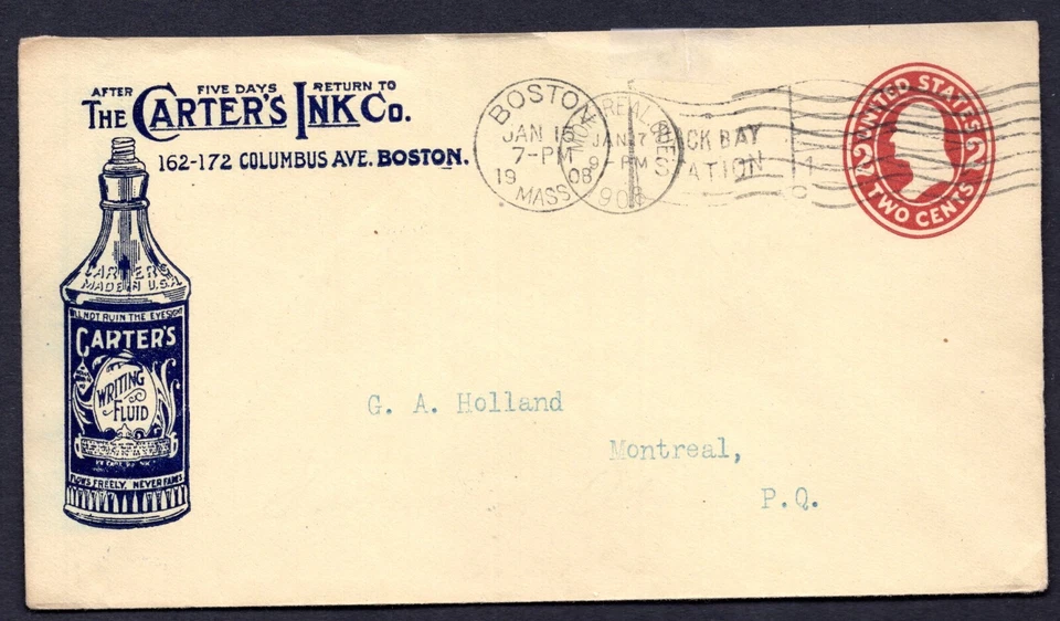 US 1908 ADVERTISING 2C POSTAL COVER THE CARTER'S INK CO. OF BOSTON TO MONTREAL - Image 1 of 2