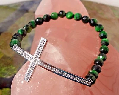 Pulsera Elástica Acero por Diseño "Cruz Horizontal" Cuentas Verdes - Cristales - NUEVA Foto 1 de 4