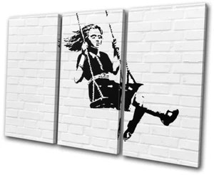 Girl Swing Graffiti Banksy Hi Res TREBLE CANVAS WALL ART Picture Print - Picture 1 of 1