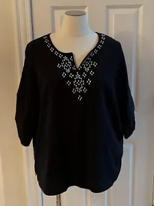 Susan Graver Top Plus 1X Aztec Beaded Neck Black Popover Blouse Gauzy Top Beach - Picture 1 of 8