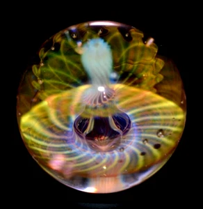 RYAN WHITMORE GLASS MARBLE/1.136"-TRANS. TRIPLE-TURQ.,LAVENDER,PEACH,YELLOW,ORG+ - Picture 1 of 14