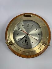 Vintage Ships Clock Heavy Brass Porthole Portal Bell Clock Co Oak Base