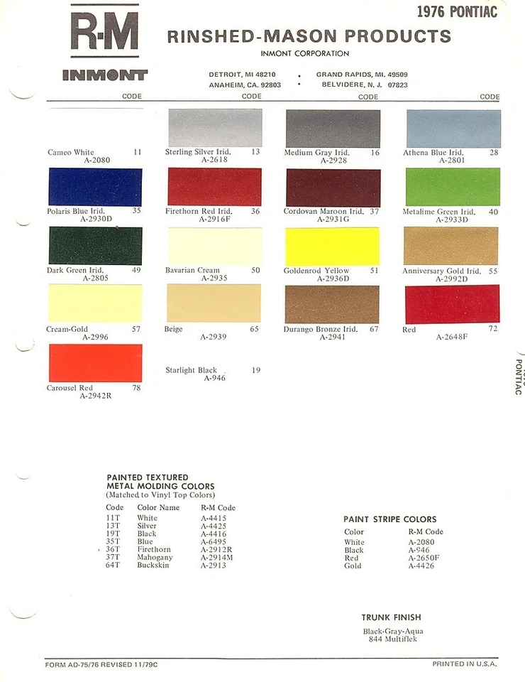 Pontiac Bonneville Catalina Firebird Grand Prix Sunbird 1976 astillas de pintura (R-M) Foto 1 de 1