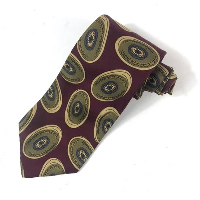 Corbata PRESWICK & MOORE Seda HECHA A MANO Borgoña Verde Oro Medallón Patrón Ovalado Foto 1 de 4