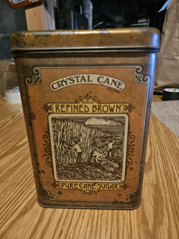 VINTAGE TIN--CRYSTAL CANE REFINED BROWN PURE CANE SUGAR  9"X6"X5", GOOD COND. - Image 1 of 4