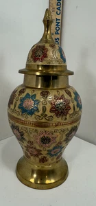 Schönes emailliertes Ingwerglas aus Messing mit Deckel blaue & burgunderfarbene Blumen 11 Zoll - Bild 1 von 8