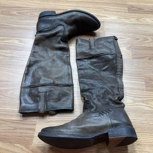 Frye Boots Womens Size 7.5 Brown Leather Knee High Riding Stacked Heel Pull On - Picture 1 of 9