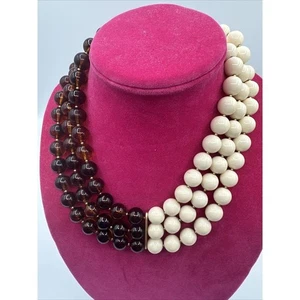 Vintage Trifari Inspired Amber Cream Beaded Necklace Three Strand Party J-01 - Picture 1 of 8