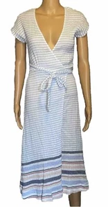 MARINE LAYER Summer Wrap Dress MADDIE Cotton Bel Air Blue Multi Stripe Sz M - Picture 1 of 17