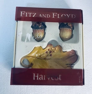 Fitz and Floyd Harvest Acorn Salt and Pepper Set With Leaf Tray - Picture 1 of 2