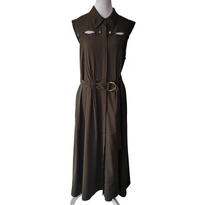 White House Black Market L 码无袖镂空褶饰迷笛连衣裙橄榄绿色 — 第 1/4 张图片