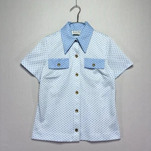 VTG 60s / 70s Oakley Plaza Button Up Shirt - Blue Polka Dot - Womens MED / LARGE - Picture 1 of 5