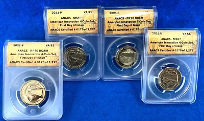 2021 - P, D, S American Innovation Virginia $1 4 monedas ANACS PR70 MS67 conjunto Foto 1 de 2