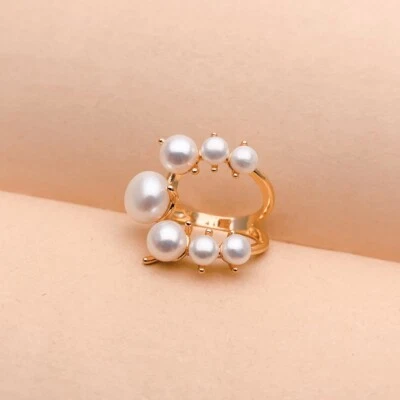 Anillo de perlas blancas cultivadas enchapado en oro amarillo anillo para mujer joyería para boda Foto 1 de 4