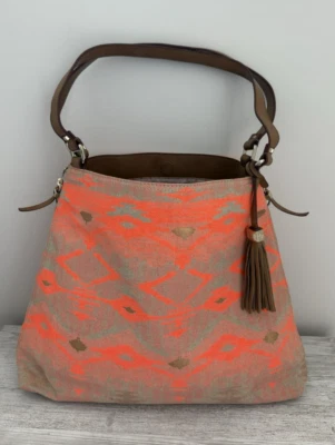 NOVA Bolsa Tote Stella &Dot The Switch Asteca Coral Ikat Bolsa de Lona Laranja Bronzeada - Imagem 1 de 4