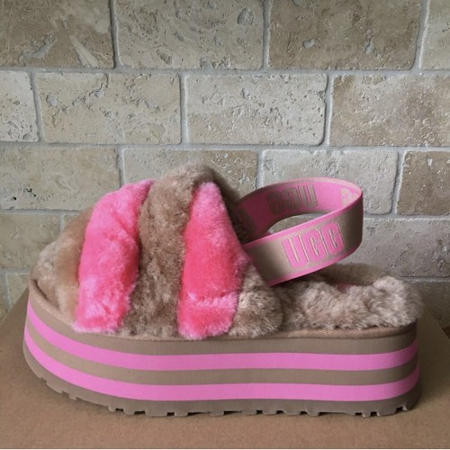 UGG DISCO SLIDE CHESTNUT PINK ROSE COMBO SHEARLING WOMEN'S SLIPPERS SIZE US 10