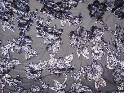 Black & Silver  floral Velvet Burnout on chiffon Fabric By the Yard 45" Wide - Image 1 of 3