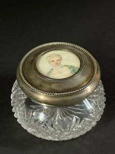 Antique Cut Glass Powder Dresser Jar w Miniature Portrait on Sterling Lid - Picture 1 of 7