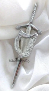 KILT PIN IRISH HARP CREST ON CLAYMORE SWORD CHROME FINISH FOR KILTWEAR SCOT NEW - Picture 1 of 2