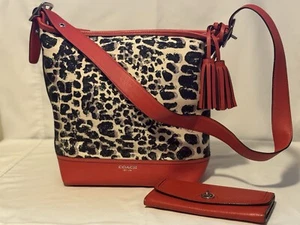 COACH Ocelot Cheetah Shoulder Bag Purse 19996 Red Black Cream W/Red Wallet - Picture 1 of 17