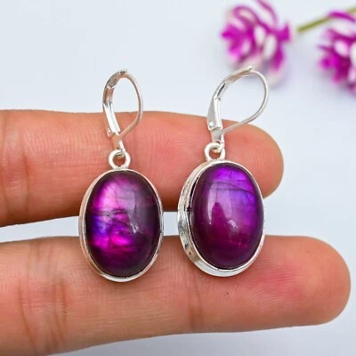 Pink Flash Labradorite Gemstone Handmade 925 Sterling Silver Jewelry Earrings - Image 1 of 4