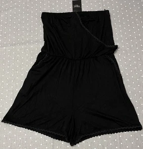 NEXT BLACK STRETCHY JERSEY BEACH PLAYSUIT SCALLOP RIBBON TRIM POCKETS UK 10/12 - Picture 1 of 24