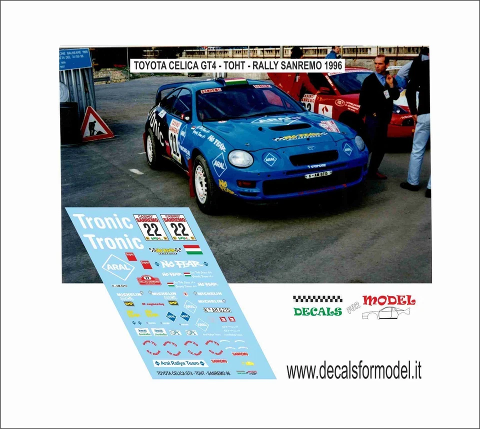 DECALS 1:24  TOYOTA CELICA GTFOUR - TOHT - RALLY SANREMO 1996 - Immagine 1 di 1