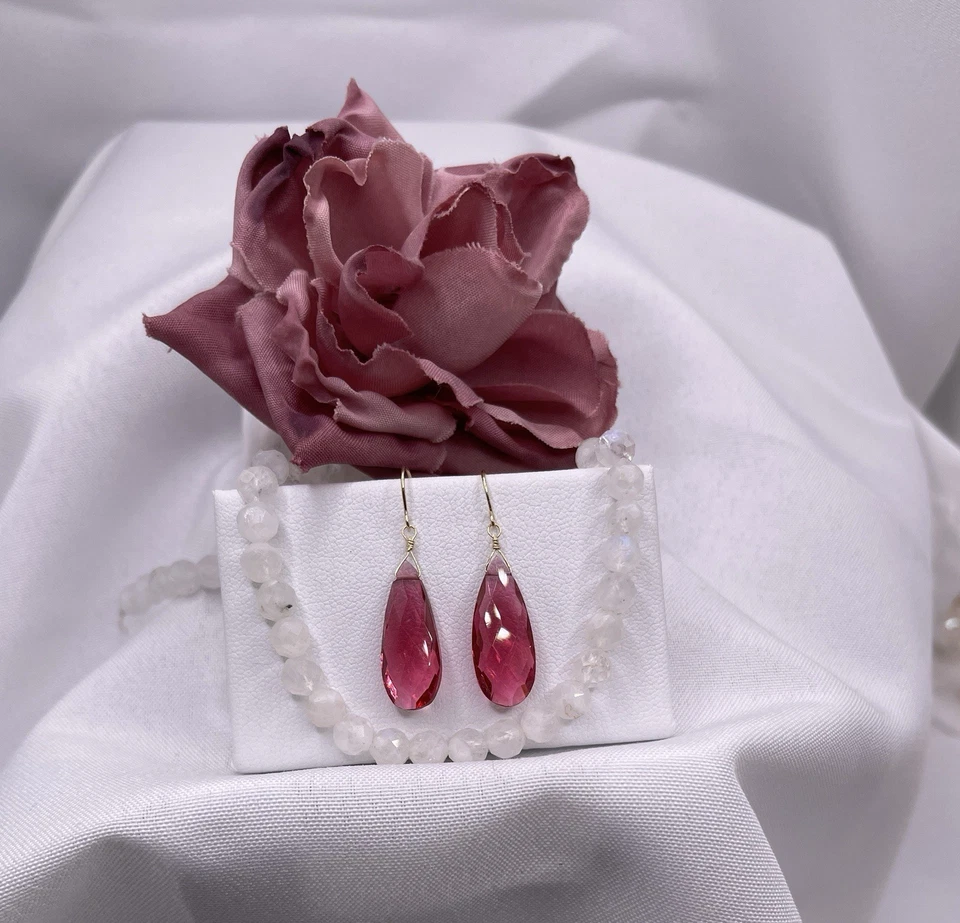14k Gold Pink Tourmaline Earrings Briolette SIMULATED Handmade Dangle - Image 1 of 1