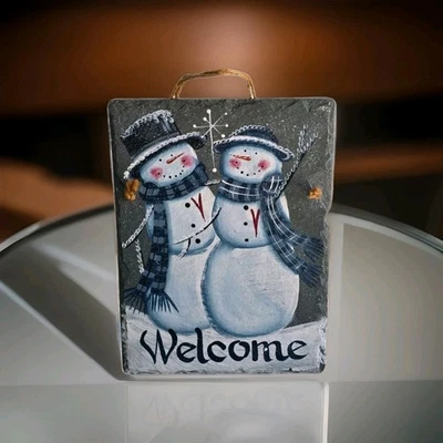 Handpainted Slate Welcome Sign With Snowmen - Image 1 of 4