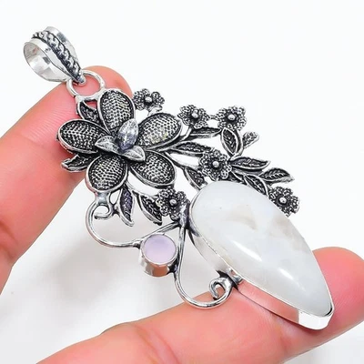 Pietra di luna arcobaleno, pietra preziosa calcedonio argento sterling 925... - Immagine 1 di 4