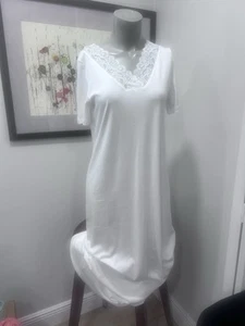 Camisón largo de algodón HANRO Deluxe blanco suave talla pequeña encaje cuello en V SS. - Imagen 1 de 6
