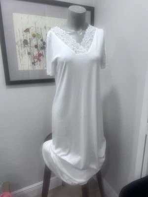 HANRO 豪华棉质长睡衣柔软白色小号蕾丝 V 领 SS。 — 第 1/4 张图片