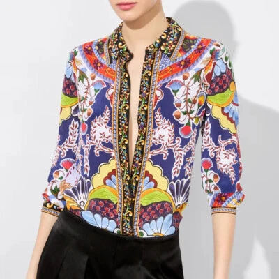 NUEVO CON ETIQUETAS Camisa Blusa Estampada Alice + Olivia Willa On The Road Seda Colorida Floral XS Foto 1 de 4