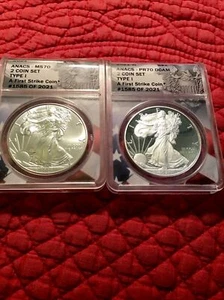 2021-W $1 Proof Silver Eagle Type 1  MS70 + PR70 DCAM First Strike Coin Set. - Picture 1 of 2