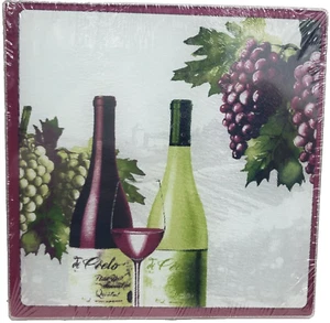 GLASS CUTTING BOARD/TRIVET, SQUARE, 8" x 8", 2 WINE BOTTLES, GLASS & GRAPES, GR - Picture 1 of 8