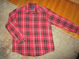 vtg 80s 90s TOWNCRAFT FLANNEL SHIRT Red Black Plaid JC Penney Mens LARGE - Picture 1 of 3