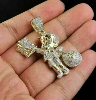 Colgante Richie Rich Money Bag redondo de 2 quilates enchapado en oro amarillo de 14 k de moissanita para hombre Foto 1 de 4