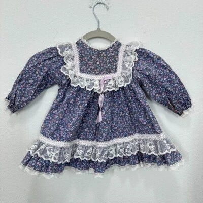 Vestido de encaje floral púrpura vintage Bryan para niñas 24 meses manga abullonada Cottagecore Foto 1 de 4