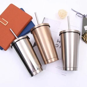 Thermo Mug Coffee Stainless Steel Vacuum Flask With Lid & Straw Travel Bottle - Picture 1 of 14