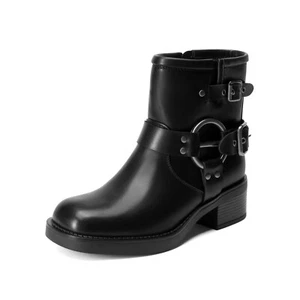 Women Ankle Boots Square Toe Low Chunky Heel Buckles Motorcycle Riding Boots - Picture 1 of 15