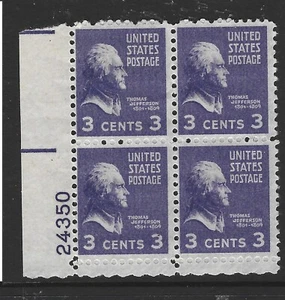 Bloques de placas de Estados Unidos de 4 estampillas Scott# 807 3c Thomas Jefferson MNH 1938 - Imagen 1 de 1