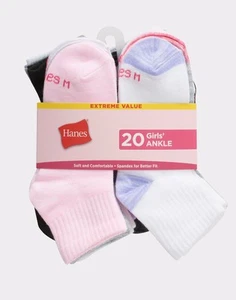 Hanes Ankle Socks 20-Pack Girls Lightweight Soft Stretch Assorted Colors sz S-L - Picture 1 of 4