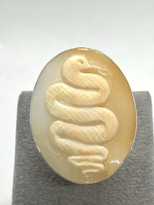 Anello Serpente Su Cammeo In Conchiglia Corniola-Argento 925,fatto A Mano - Picture 1 of 8