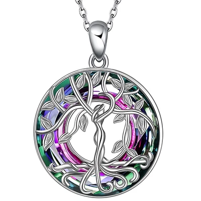 Sterling Silver Tree of Life Necklace with Colorful Crystal, Round Celtic  B105 - Image 1 of 2